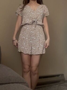 Simplee Beige and White Dot Tie-Front Mini Dress-Small